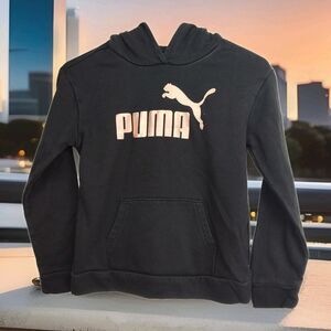Puma pullover hoodie sweatshirt, girls L (12-14), black, shiny pink logo